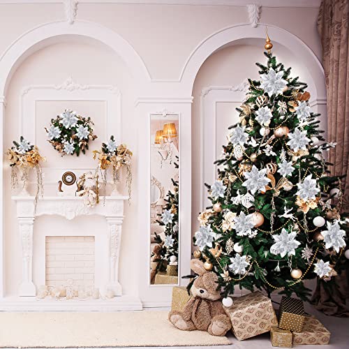 Geosar 36 Pcs Christmas Glitter Artificial Poinsettia Flowers Xmas Poinsettia Artificial Wedding Flowers Decorations Xmas Tree Ornaments with Clips for Party, 6 Inch, 4 Inch, 3 Inch(Silver) - color: Silver