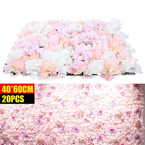 Pink Flower Wall Panels, 20 Pcs Artificial Rose Flower Backdrop Flower Panels for Backdrop Floral Wall Panels for Wedding Party Decoration 16 x 24 - color: 20pcs Pink White