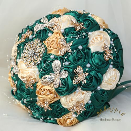 Handmade Wedding Flowers Bouquet Round Holding Bridal Bouquet Artificial Satin Roses Bunch for Bride Bridesmaid Wedding Quinceanera - color: Dark Green, Cream & Light Gold, size: Small (Dia. 7.5"/19cm)