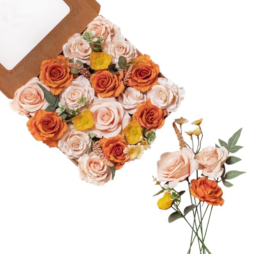 FANKO Artificial Flowers for DIY, Orange Peach Yellow Faux Flowers Bouquet, Fake Flowers with Roses Daisy Silk Flowers for Vase, Home Decor, Wedding Centerpiece, Floral Arrangement Décor, Party - color: Deluxe Champagne