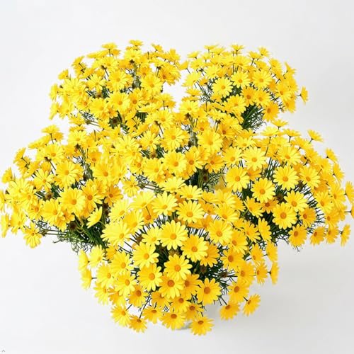 10 Bundles Yellow Artificial Daisy Flowers, 20" UV Resistant Outdoor Fake Wildflowers with Stems & Faux Greenery for Home Garden Vase Table Decor - color: Yellow