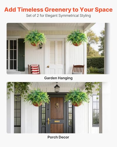 VEVOR Artificial Ferns, 2 Pcs Fake Hanging Boston Fern Bush Plant with 23 Inch Hanging Length, Plastic Faux Greenery for Indoor and Outdoor Decor, for Wall, Wedding Party, Home, Porch Garden, Office - size: 21.26 x 21.26 x 16.92 in
