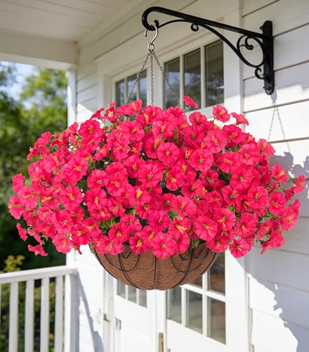 Artificial Faux Hanging Plants Flowers Basket for Outdoor Outside Spring Summer Decoration, Silk Morning Glory in Planter UV Resistant Look Real Fake Flower for Porch Patio Balcony Home Yard, Hot Pink - color: Hot Pink