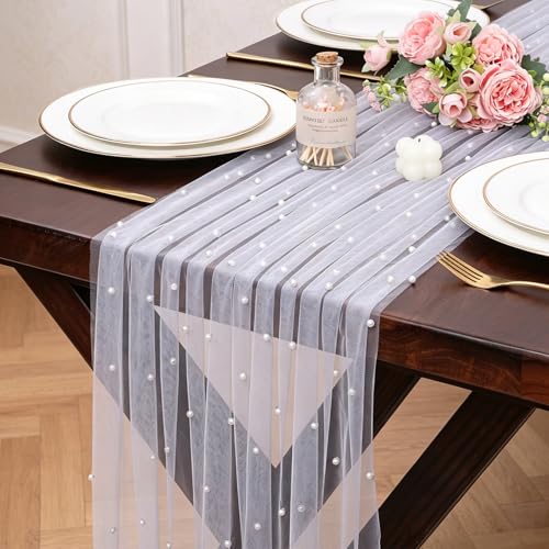 Gauze White Pearl Table Runner 10FT Sheer Spring Summer Pearl 120 Inch Valentine’s Day Tulle Table Runner for Dining Anniversary Wedding Table Decor for Home Party Decorations - color: White Pearl, size: 10 ft × 1 pc