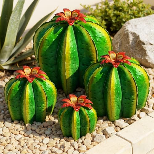 KODIBO Metal Cactus Yard Art, 4-Pack Desert Steel Garden Decor, Artificial Barrel Cactus with Flower Tops, Weather-Resistant Garden Sculptures & Statues, Outdoor Decorations for Patio Lawn Porch - color: Barrel Cactus: 4-pack