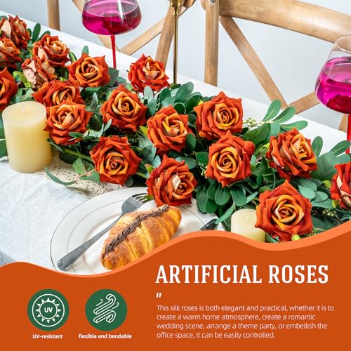 Ttranewsoo Fake Roses Faux Flowers Silk Roses Artificial Roses with Stems Realistic Artificial Flowers 16.5In Suitable for Indoor Home Decoration DIY Bouquet Wedding Decor Party Decor (Orange) 12PCS - color: Orange 12pcs