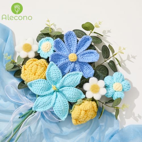Alecono Crochet Flower Bouquet, Blue and Yellow Handmade Knitted Flowers, Crochet Tulips Galsang Flower for Lover Anniversary Birthday Mother's Day Graduation Gifts (with Card) - color: Light Blue, Yellow, size: Large