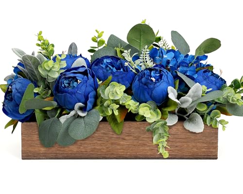 Royal Blue Flower Centerpieces for Table, Pre-Made Artificial Peony Hydrangea Centerpieces for Dining Table Wood Flowers Centerpieces for Wedding Graduation Living Room Party Bar Kitchen Table - color: Royal Blue