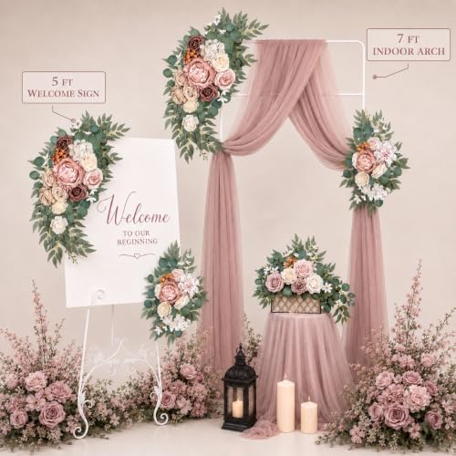 AitnWoy Artificial Wedding Arch Flowers Kit 2 PCS Dust Rose Flowers Silk Peony Floral Swag Welcome Sign for Wedding Ceremony Party Home Garland Decor - color: Reddish Brown, size: 28" + 11"