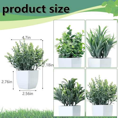 GREENTIME 4 Pack Fake Plants in White Pot Small Artificial Eucalyptus Potted Plant Wheat Grass Mini Faux Greenery for Home Decor Indoor Office Table Room Farmhouse Bathroom Decorations - color: White-grey