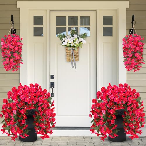 Sggvecsy Artificial Fake Hanging Flowers Plants for Outdoor Outside Spring Summer Decoration 4PCS Faux Silk UV Resistant Realistic Morning Glory Trailing Vines for Home Porch Patio Balcony(Rose red) - color: Rose Red, size: 4Pcs