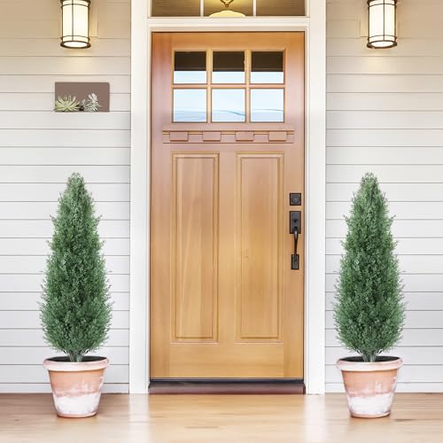 3FT Artificial Cedar Topiary Trees with Ground Spike, Outdoors Fake Cypress Shrubs Trees Set of 2 Faux Boxwood Topiaries Bushes Evergreen Plants for Home Front Porch Decor (36 Inch) - size: 35 inch