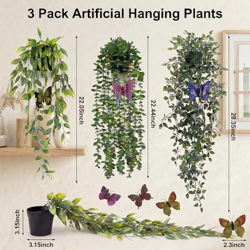 3 Pack Fake Plants Indoor Outdoor with 6 Butterflies – Small Artificial Potted Hanging Plants for Shelf, Balcony, Patio & Wall Decor | Faux Plants for Living Room, Bedroom, Office, Porch - size: 3-pack-3in1