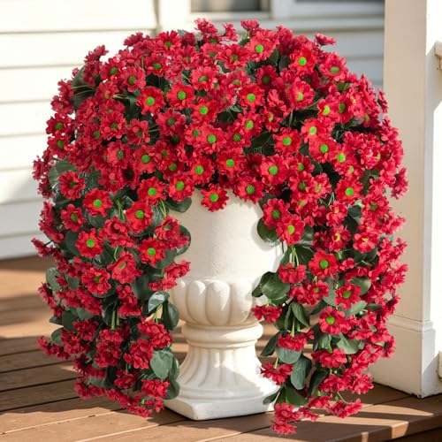 INXUGAO Artificial Fake Hanging Flowers Plants for Outdoor Summer Decoration,2 PCS Faux Silk Fuchsia Orchid Long Vines Stems Bouquet UV Resistant for Wall Home Porch Patio Outside(Red) - color: B-red