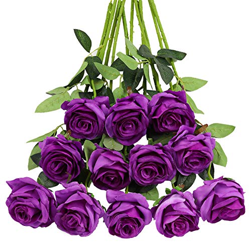 Tifuly Purple Roses Artificial Flowers - 12 pcs Realistic Single Long Stem Fake Silk Roses Bouquet for Party Home Wedding Centerpiece Office DIY Decor - color: Purple