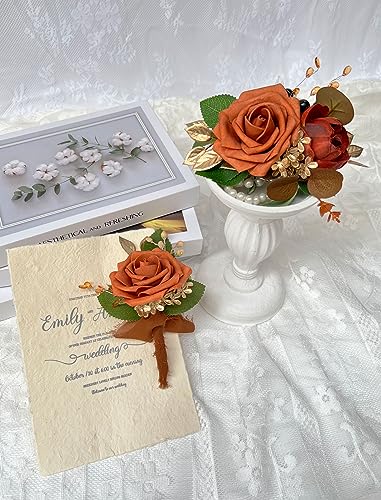 CherishedMoments Burnt Orange Handmade Artificial Rose Peony Wrist Corsage and Boutonniere Set for Men's Wedding, Bridesmaid Hand Flower for Wedding Prom Suit Decorations - color: Burnt Orange