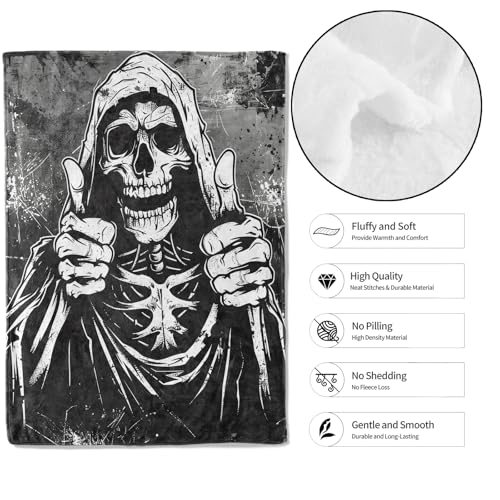 Gothic Thumbs up Skull Throw Blanket,50x60in,Soft,Lightweight Flannel,Cool Skeleton Black White Blankets - Gifts for Adult,for Couch Office Travel,Home Living Room Halloween Goth Decor - color: Horror 03, size: 50x60in