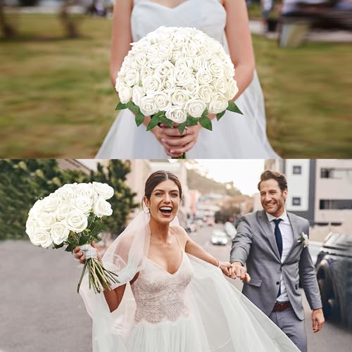 Sggvecsy 50 Pcs Artificial Roses Fake Flowers Velvet Silk Roses with Stems Bulk Realistic Faux Flowers for Bridal Bouquets Wedding Centerpieces Valentines Day DIY Home Party Decor (Ivory) - color: Ivory