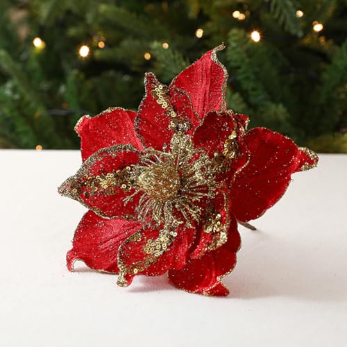 vctops 6 Pcs Poinsettia Artificial Flowers Christmas Tree Ornaments Velvet Glitter Magnolia Flowers for Xmas New Year Party Wedding Holiday DIY Decorations, Red - color: Red