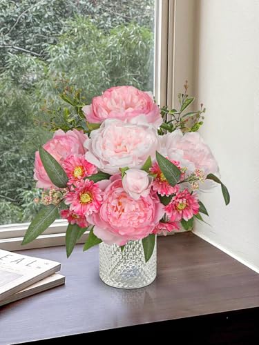 GnFlus Artificial Peony Flower Stems 10PCS Hot Pink Faux Peonies & Daisies Silk Flowers Realistic Fake Flowers for Vase Centerpiece Wedding DIY Bridal Bouquet Party Home Decor - color: Peony, Hot Pink, size: 1 Pack