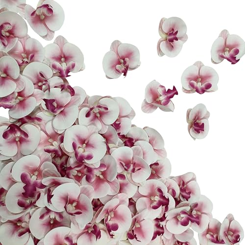 Fake White and Pink Core Orchids Artificial Flowers Heads, 3.5''Fake Orchid Heads for Wedding Floral Bouquet Decor DIY Craft Making Bridal Shower Photography Props (80, White+Pink core) - color: White+pink Core