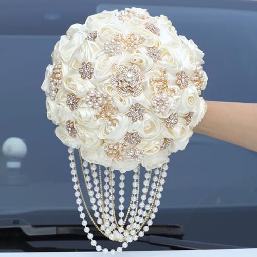 Handmade Satin Rose Water Drop Bridal Bouquet,8.7inch Crystal Wedding Round Tossing Bouquet,Jewelry Proposal Bridesmaid Bouquet Groom Corsage Bride Wrist Flower Ivory (26#Ivory) - color: 26#ivory