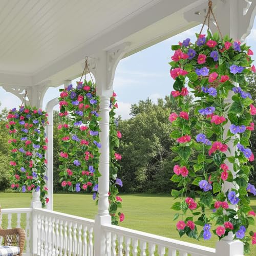 GTIDEA 4Pcs Fake Vines 30Feet Artificial Hanging Morning Glory Flower Garland Mixed Color Faux Vines for Outdoors for Wall Fence Indoor Wedding Decor - color: Purple & Red-4pcs