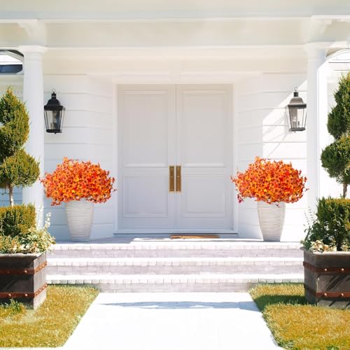 Grunyia 16 Bundles Artificial Fall Flowers for Outdoors Fake Plants UV Resistant Plastic Plants Shrubs Bushes for Home Fall Front Door Porch Garden Autumn Decor (Fall Orange) - color: Fall Orange
