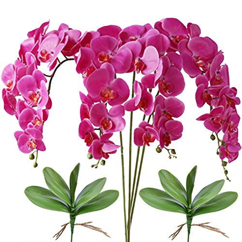 FagusHome 32" Artificial Phalaenopsis Flowers 4 Pcs with 2 Bundles Leaves Artificial Orchid Flowers Stem Plants for Home Décor (Purple) - color: Purple