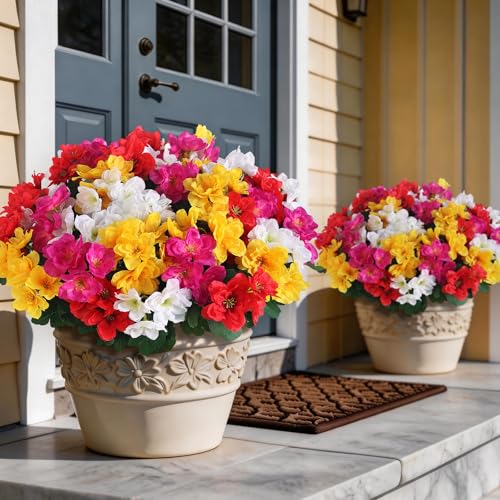 16 Bundles Artificial Flowers for Front Door, Fake Silk Azalea Bouquet Silk Flowers for Outside UV Resistant Realistic Faux Plants for Planter Farmhouse Patio Garden Walkways Home Decor (Mixed Color) - color: Mixed Color