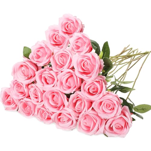 Hotop 20 Pcs Artificial Rose Flowers with Long Stem,Real Lifelike Silk Realistic Plastic Bouquet Roses Bulk for Home Decor Bridal Wedding Party Table Centerpieces Decorations(Pink) - color: Pink