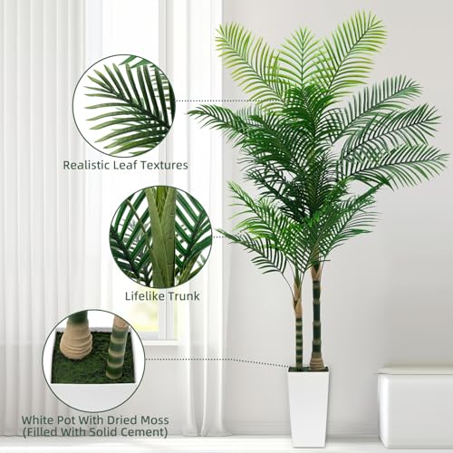 7ft Artificial Golden Cane Palm Tree with LED Fairy Lights & White Tall Planter-Lifelike Faux Tropical Palm with Realistic Trunk and Palm Leaves for Indoor Home Office Living Room Corner Decor