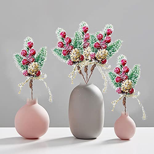 8pcs Christmas Berries Red Stems Evergreen Pine Branches, Christmas Picks Spray Artificial Pine Cones Holly Stem Craft Winter Holiday Floral Picks for Décor DIY Xmas Garland Wreath Ornament - color: Red