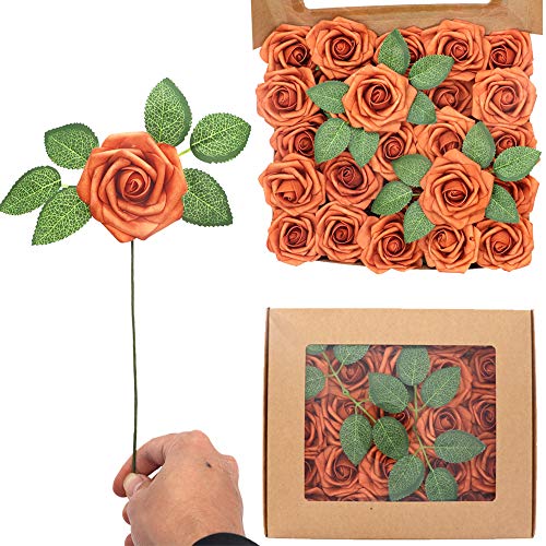 50pcs Artificial Flower，Real Touch Artificial Foam Roses Decoration DIY for Wedding Bridesmaid Bridal Bouquet Centerpieces Party(50, Burnt Orange-boxpack) - color: Burnt Orange-boxpack