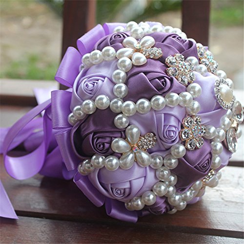 USIX Handcraft Popular Satin Rose Rhinestone Brooch Flower Pearl Bridal Holding Wedding Bouquet Wedding Flower Arrangements Bridesmaid Bouquet(Purple) - color: Purple