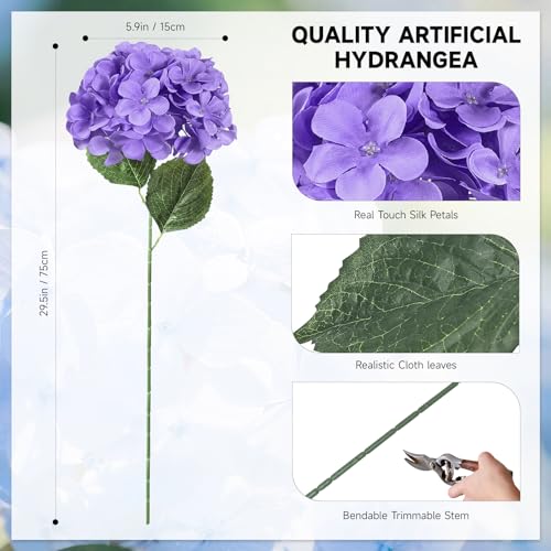 6 PCS Artificial Hydrangea Flowers, Faux Silk Hydrangea with Long Stems, Home Wedding Decor, Table Centerpieces, Party Decorations (Purple) - color: Purple