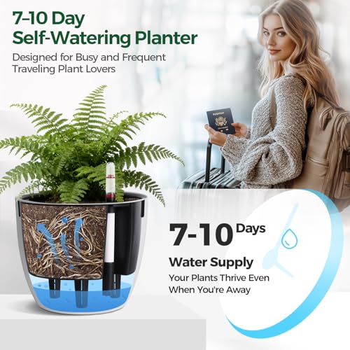 T4U Self Watering Pots for Indoor Plants, 7 Inch Self Watering Planters with Water Level Indicator, Bottom Watering African Violet Pots for Beginners & Busy Plant Owners, BPA-Free (2 Pack, White)