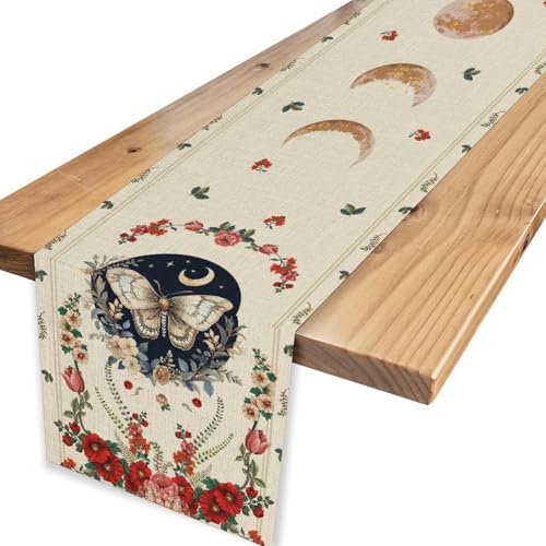 Gothic Moth Table Runner, Boho Floral Gothic Sun Moon Phase Mystical Witchy Starlight Coffee Table Center Decor for Home Kitchen Dining Patio Holiday Party Table Decorations 13x36 inches - color: Tr-moth07, size: 13x36" Table Runner