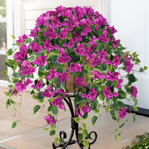 Homsunny Artificial Hanging Flowers Plants Basket for Outdoor Decoration,4 PCS Faux Silk Bougainvillea Vine Flowers Look Real UV Resistant for Outside Porch Patio Yard Garden Decor (Purple) - color: Purple