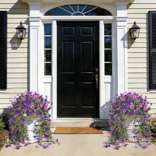 4 Pcs Artificial Hanging Flowers for Outdoor, Fake Silk Daisy Flowers Spring Summer Decoration UV Resistant Faux Plants for Planter Front Door Porch Patio Balcony Yard Decor, Double Purple - color: Double Purple