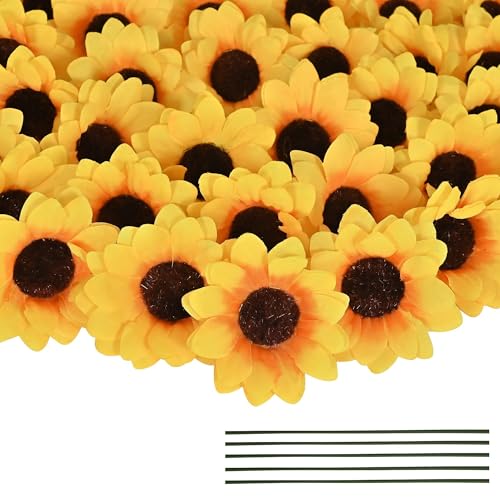 Coferset 100pcs Fake Sunflower Heads with Stems, 2.4" Sunflower Artificial Silk Flower Heads for Party Baby Shower Wedding Making Handicrafts Home Decor(100pcs) - color: 100pcs-2.4"