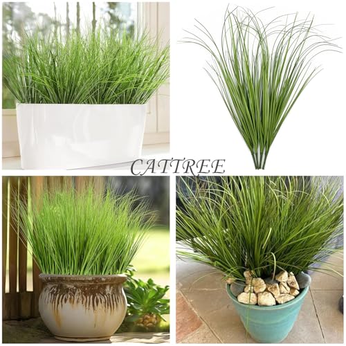 CATTREE Artificial Plants Fake Wheat Grass Shrubs, Faux Greenery Plastic Bushes Tall Stems for Outdoor Indoor Wedding Christmas Decoration Office Yard Table Arrangements Planter Filler Decor 8 Pack - color: Wheat Grass - Green - 8 Pack