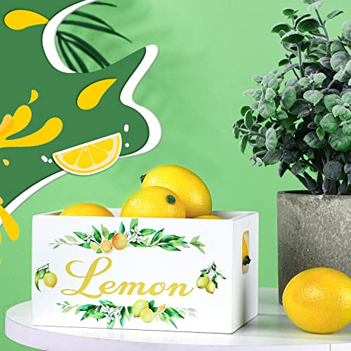Yulejo Summer Lemon Tiered Tray Decor, Farmhouse Mini Wooden Crate with 8 Pcs Fake Lemons, Lemonade Decorative Box Rustic Table Centerpiece for Kitchen Home Shelf Party Decorations