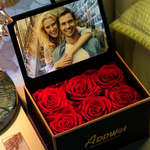 ADDWel Preserved Rose Gift Box with 4x6 Photo Frame, Romantic Flower Gifts for Women, Wife or Girlfriend, 6 Eternal Roses for Delivery on Christmas, Birthday, Anniversary, Valentine’s Day - color: Red