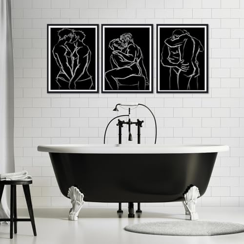 Black and White Gay Lover Canvas Wall Art 3 Panels Nude Man Line Posters Minimalist Male Couple Prints Artwork Wall Decor for Living Room Bedroom Bathroom Hotel Framed Ready to Hang 16x24inchx3pcs - color: Art02, size: 16x24x3Pcs Black Framed