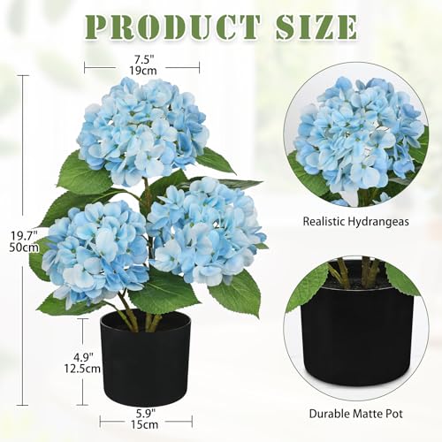 Hollyone Light Blue Hydrangea Artificial Flowers Plant Potted 19.7" Faux Silk Hydrangea Flower Tree Arrangements for Home Bathroom Office Table Centerpiece Shelf Decorations - color: Light Blue, size: 3 Head Hydrangea