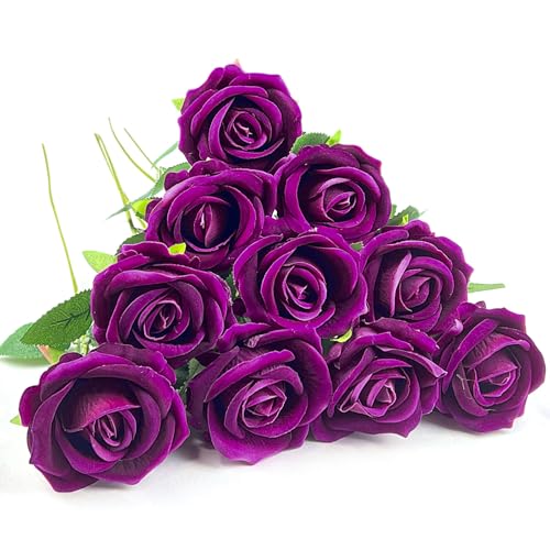 10 PCS Artificial Roses with Long Stems Silk Flowers Realistic Foam Flowers Fake Roses for Valentine's Day Home Wedding Halloween Decor(Rose Purple) - color: Rose Purple