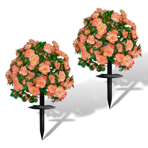 Artificial Flowers for Outdoors, Faux Outdoor Plants Fake Plants Topiary Balls Artificial Outdoor Set of 2 with Ground Spike for Home Front Porch Patio Garden Decor (Tangerine) - color: Tangerine