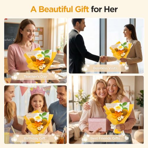 Crochet Flower Bouquet, Yellow Handmade Knitted Sunflowers | With Card, Gift for Graduation Lover Girlfriend Friends, Valentines Day Anniversary Birthday Mother's Day Wedding - color: Sunflower