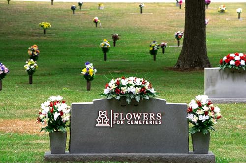 Sympathy Silks Artificial Cemetery Flowers - Grave Decoration - Red Tulips and White Iris (1) Headstone Saddle (2) Bouquets - color: Red/White, size: (1) Saddle (2) Bouquets